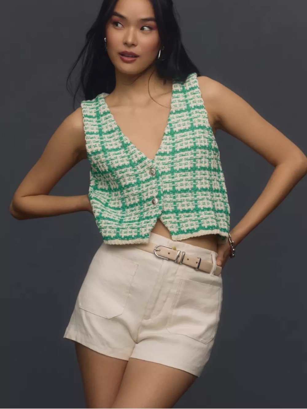 By Anthropologie CHUNKY TWEED sweater vest IVORY & GREEN small